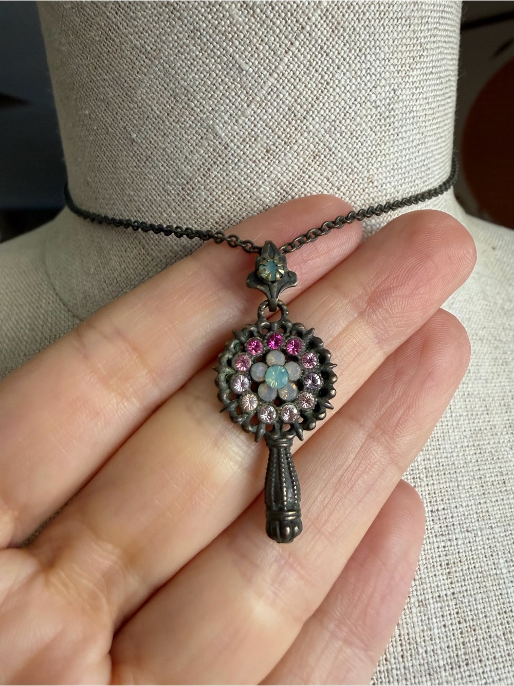 Authentic Michal Negrin Vintage Victorian Key Crystal Necklace • Signed MN